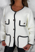 Coco's Charm White Luxury Soft Black Trim Button Cardigan