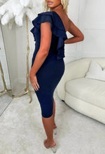 Frilling Affair Navy Stretch One Shoulder Frill Midi Dress