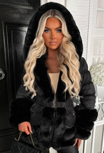 Wrapped In Romance Black Faux Fur Trim Belted Puffer Coat